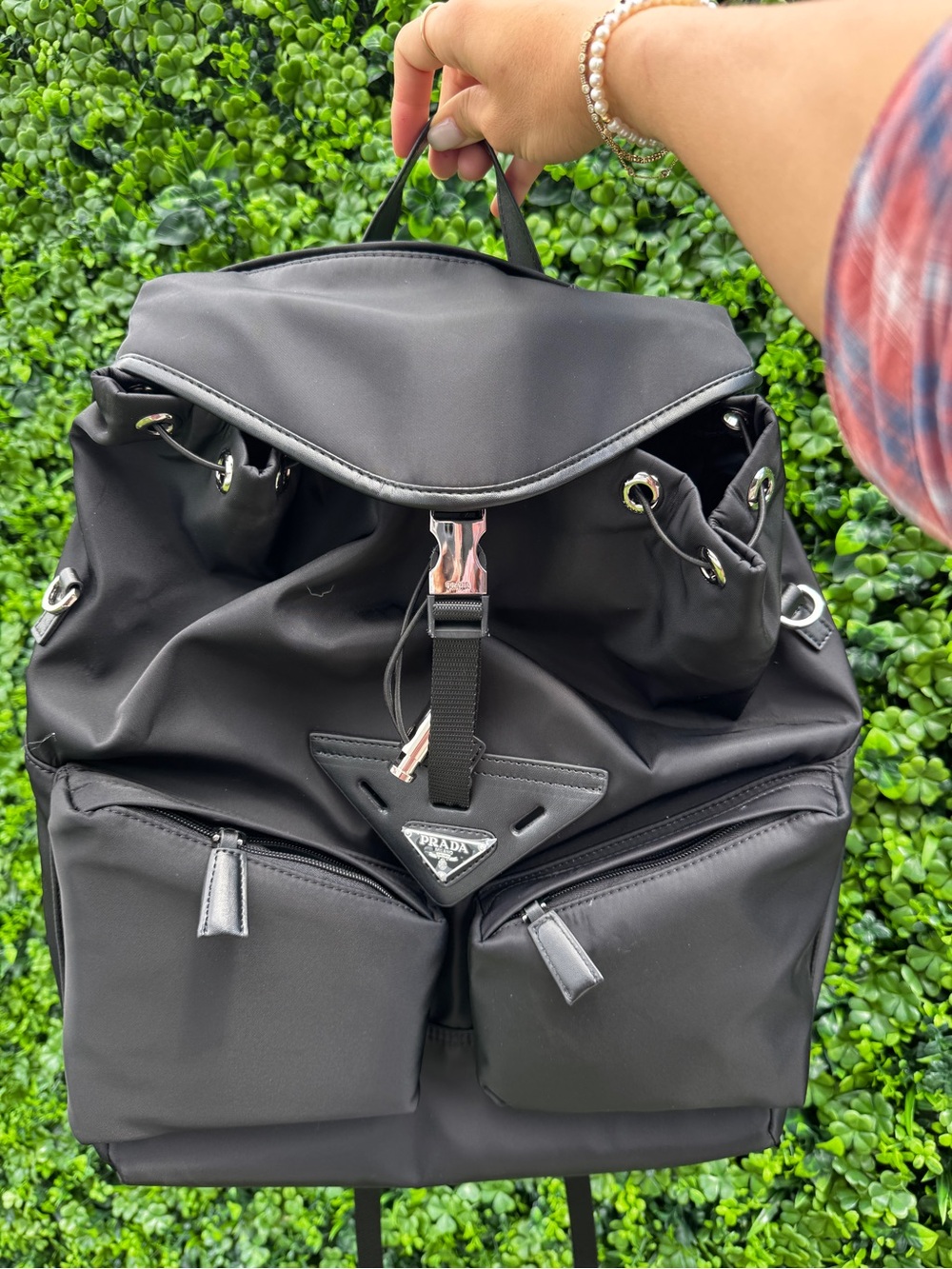 Black Nylon Drawstring Backpack with Front Pockets